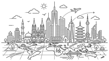 Naklejka premium global travel and international tourism concept featuring a city skyline with famous landmarks on a detailed world map