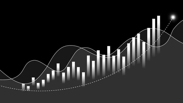 Abstract financial chart with rising bar graph and flowing wave lines animation