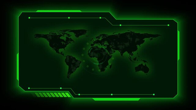 Digital world map interface features a green HUD target frame. Global surveillance radar telemetry coordinates track on map. High tech international monitoring uses this world map.
