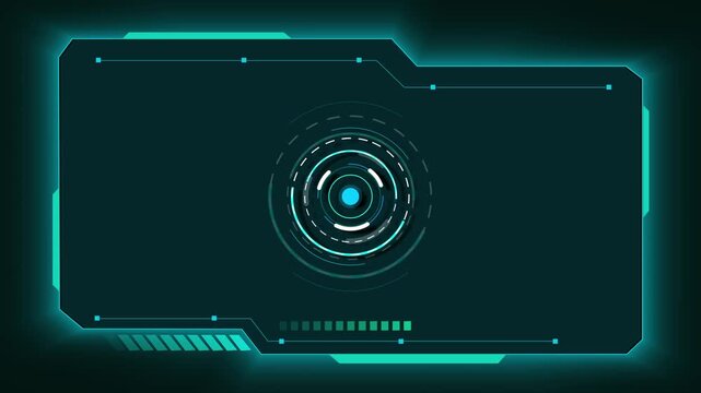 Futuristic HUD features a circular target and teal frame lines. High tech surveillance telemetry coordinates guide the HUD. Cyber control room screens use this futuristic HUD.