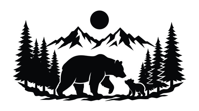 Mother bear with cub walking together depicted in a bold black and white vector silhouette style