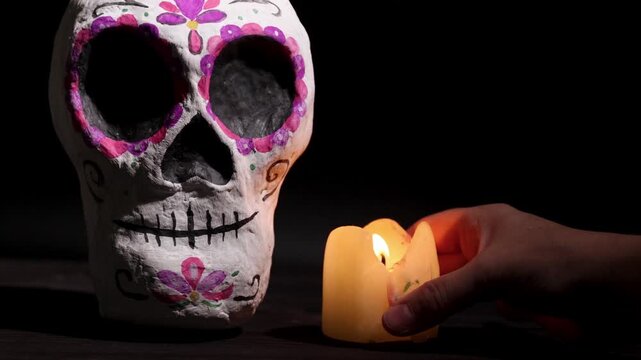 Day of the Dead Calavera Sugar Skull with Candlelight for Festive Visuals and Decor