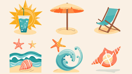 Fototapeta premium Beach Elements Including Sun, Umbrella, Chair and Waves Creating a Relaxing Coastal Atmosphere