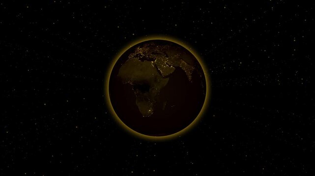 Earth at night reveals illuminated city lights from outer space. Deep cosmic starfields frame the scenic Earth at night view. Breathtaking planetary orbit highlights this Earth at night.