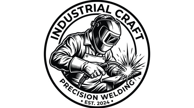 Welder wearing safety helmet performs precise metal fabrication tasks inside circular black and white emblem logo