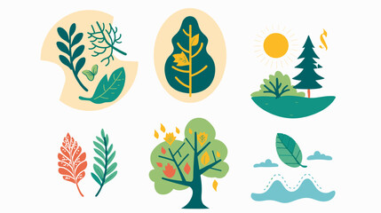 Obraz premium Colorful Botanical Illustrations Featuring Various Leaves and Trees Against a Bright Background