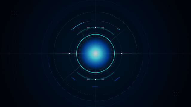 Abstract futuristic hud interface with glowing blue circular target and digital data visualization elements