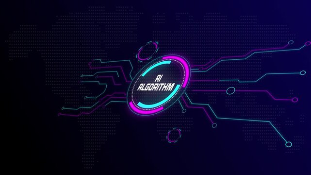 Analyzing an AI algorithm displayed on a futuristic technology interface screen with dynamic data patterns.