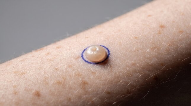 Close up of fluid filled blister or molluscum contagiosum lesion on skin circled with blue marker for treatment