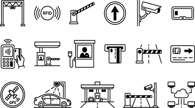 Toll Gate Automatic Payment System Line Icons