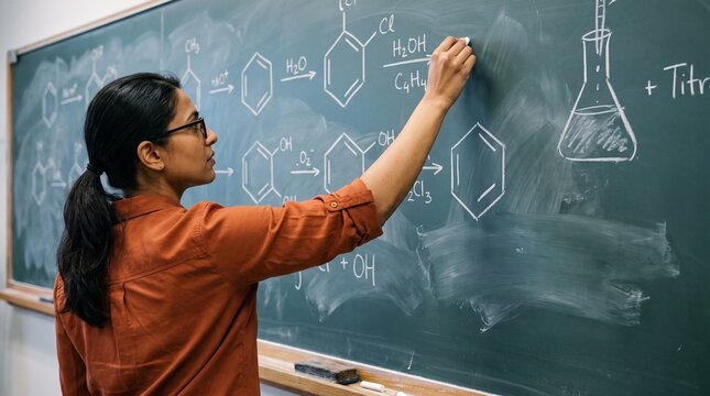 Woman writing chemical formulas on a blackboard