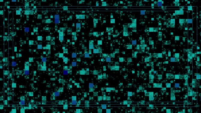Digital background displays teal and blue pixel data squares. High tech matrix screen blocks animate the digital background. Futuristic cyber data processing forms the digital background.