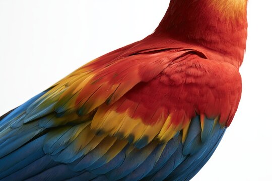 Feather texture detail of scarlet macaw bird on white background