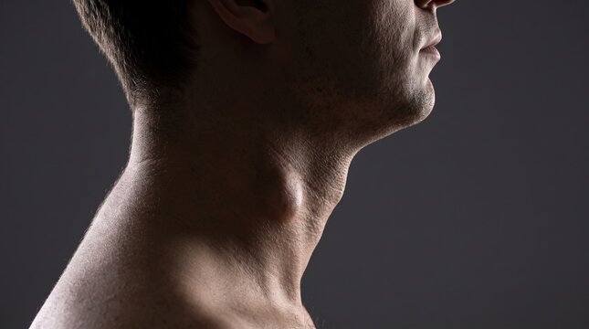 Profile of Man Neck with Large Lump Goiter Thyroid Nodule or Swollen Lymph Node