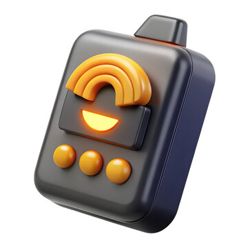 Black wireless payment terminal featuring bright orange buttons and signal icons presented in a high quality 3D render on transparent background
