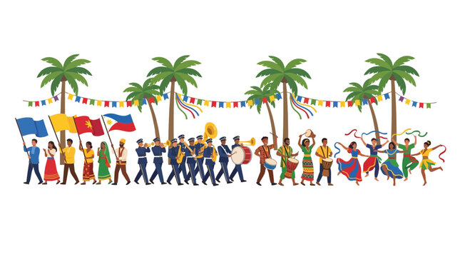 Filipino Cultural Parade: Band, Dancers, Flags, Palm Trees, Festive Celebration