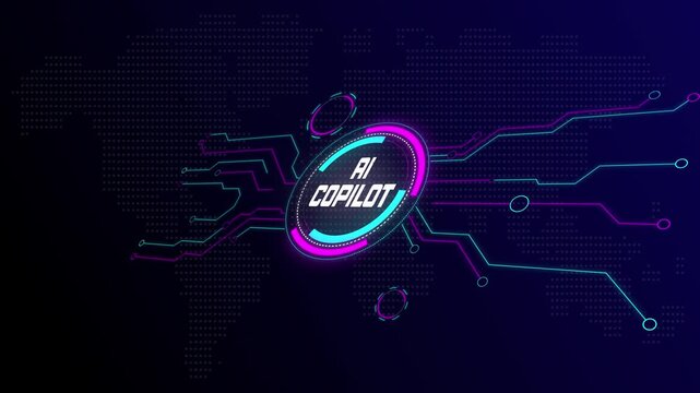 Operating an AI copilot displayed on a futuristic technology interface screen with interactive digital data icons.