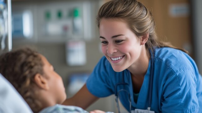 Young nurse smiling and leaning over a child patient in a hospital bed, providing care