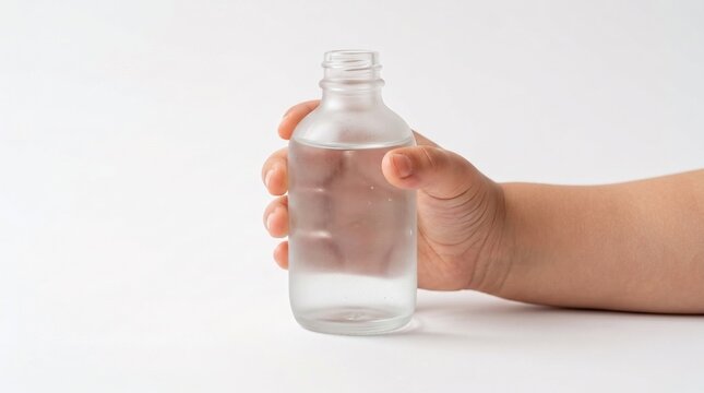 A small child's hand holds a clear glass bottle filled with water against a plain white background, emphasizing hydration.