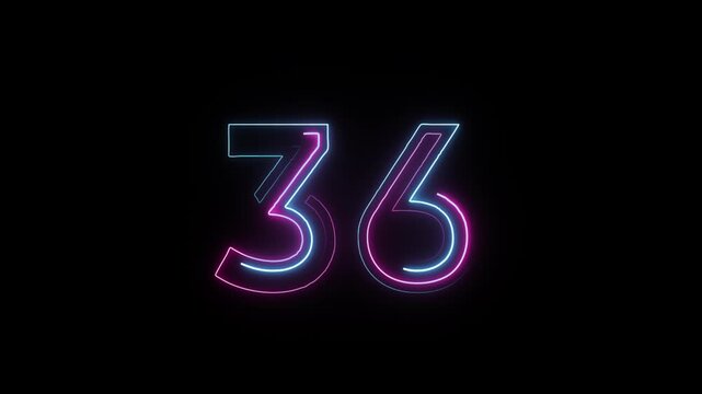 Number 36 in neon style, neon number with transparent background, thirty six