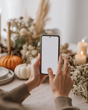 Hands Holding Smartphone Vertical Blank Screen at Cozy Autumn Table Decor