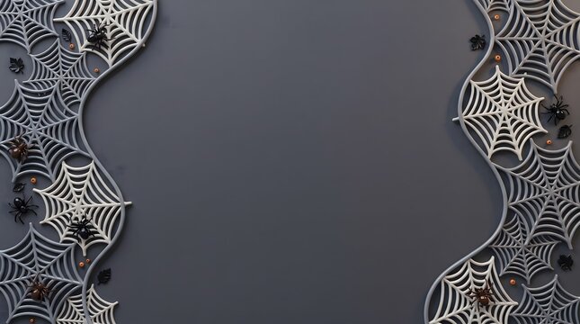 Top view of a dark grey background decorated with white spider webs and black spiders for halloween party celebration