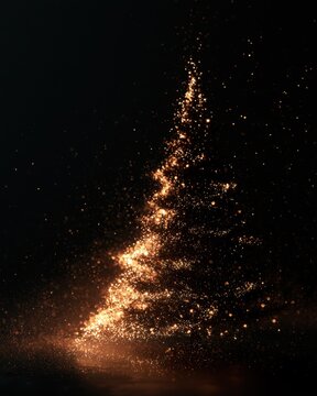 Glowing golden christmas tree particles on black background