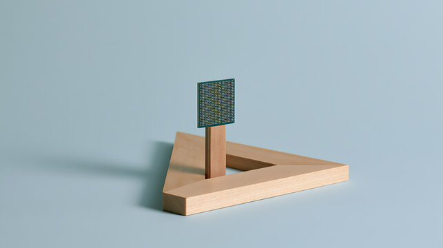 Minimalist wooden impossible triangle optical illusion sculpture with a green square tile stand on a clean soft blue studio background color