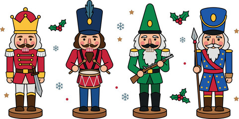 Naklejka premium Traditional Christmas Nutcracker Guard Character Collection Featuring Festive Toy Soldiers with Weapons and Winter Ornaments
