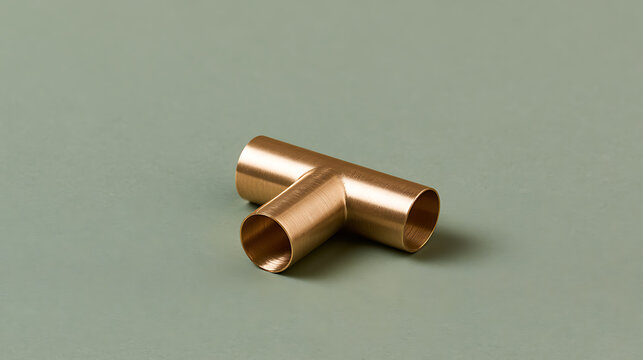 A shiny copper t-shaped pipe connector piece rests centrally on a solid pastel green background surface in this studio product photo