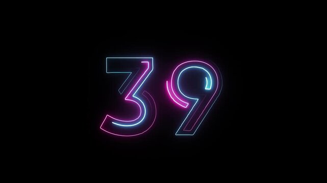 Number 39 in neon style, neon number with transparent background, thirty nine