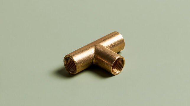 A detailed close-up shot of a brass pipe fitting connector shaped like a letter tee isolated on a clean muted green background surface
