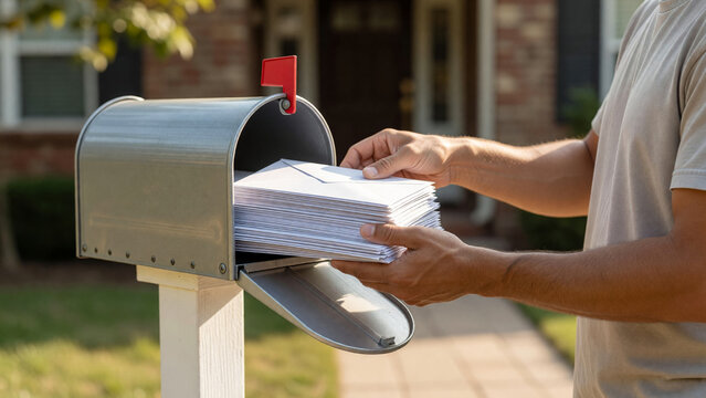 Man placing stack of envelopes into outdoor mailbox, mail delivery and postal service
