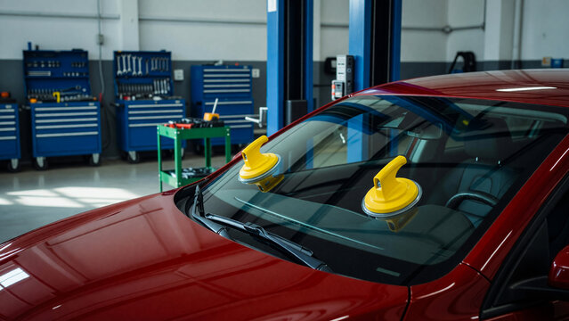 Car windshield replacement with suction cups in auto repair shop, automotive service and glass installation