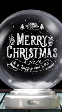 Animation of christmas snow globe with christmas greetings and snow falling on black background