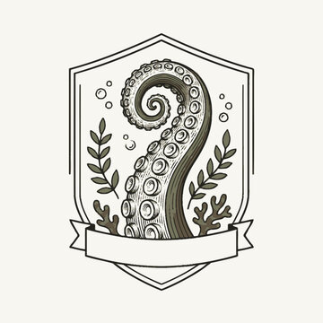 Engrave of Vintage octopus tentacle vector badge illustration marine life design element. EPS Editable. Vector Illustrations.