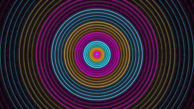 Abstract concentric neon circle pattern pulsating with retro glitch distortion effects in vibrant blue magenta and gold hues on dark background for visuals.