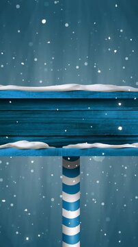 Animation of christmas sign with copy space and snow falling in winter scenery