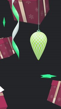 Animation of party streamers and christmas presents and decorations
