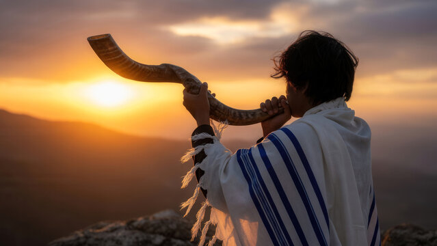 Jewish man blowing shofar on mountain peak at sunset, Rosh Hashanah holiday and religious tradition