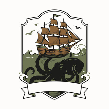 Engrave of Vintage sailing ship attacked by a giant octopus in retro emblem illustration. EPS Editable. Vector Illustrations.