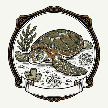 Engrave of Vintage sea turtle illustration inside ornate frame with banner. EPS Editable. Vector Illustrations.