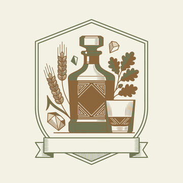 Engrave of vintage whiskey decanter and glass emblem illustration vector. EPS Editable. Vector Illustrations.