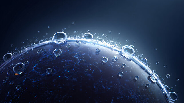 Close-up of water droplets on a curved surface with splash and bubbles against dark background