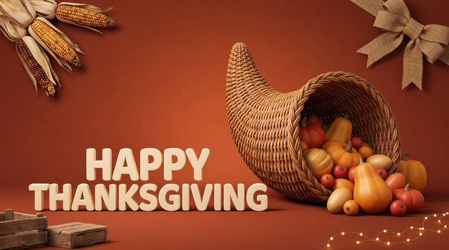 Happy thanksgiving greeting card with a traditional wicker cornucopia filled with fresh autumn harvest fruits and vegetables