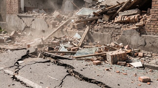 Severe earthquake damage with cracked asphalt road and collapsed brick building ruins.