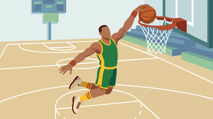 Dynamic basketball player performing a slam dunk on a court, vector art © Artify