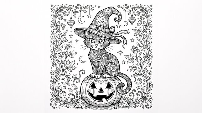 Cute cat wearing witch hat sitting on halloween pumpkin line art