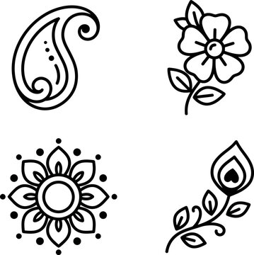 Collection of four simple black and white henna inspired botanical line drawings