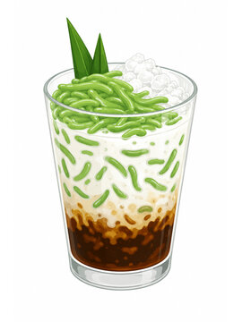  Flat cartoon illustration of Indonesian es cendol iced dessert glass with green jelly and palm sugar